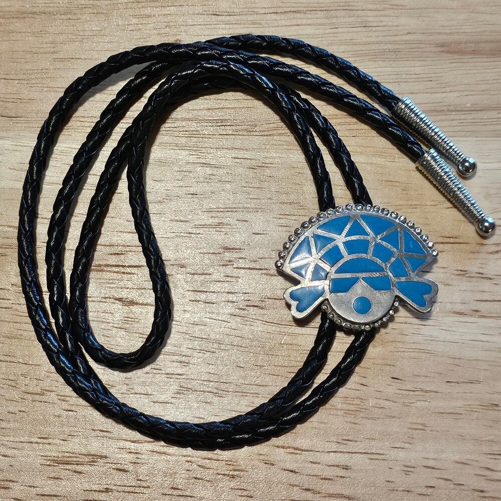 Vintage Native Zuni Inspired Silver & Blue Sunface Bolo Tie with Braided Leather